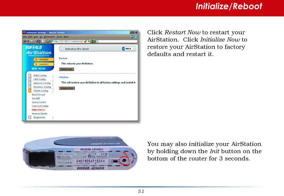 HP WHR--AG108 manual Initialize/Reboot 