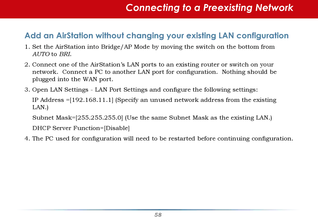 HP WHR--AG108 manual Connecting to a Preexisting Network, Auto to BRI 