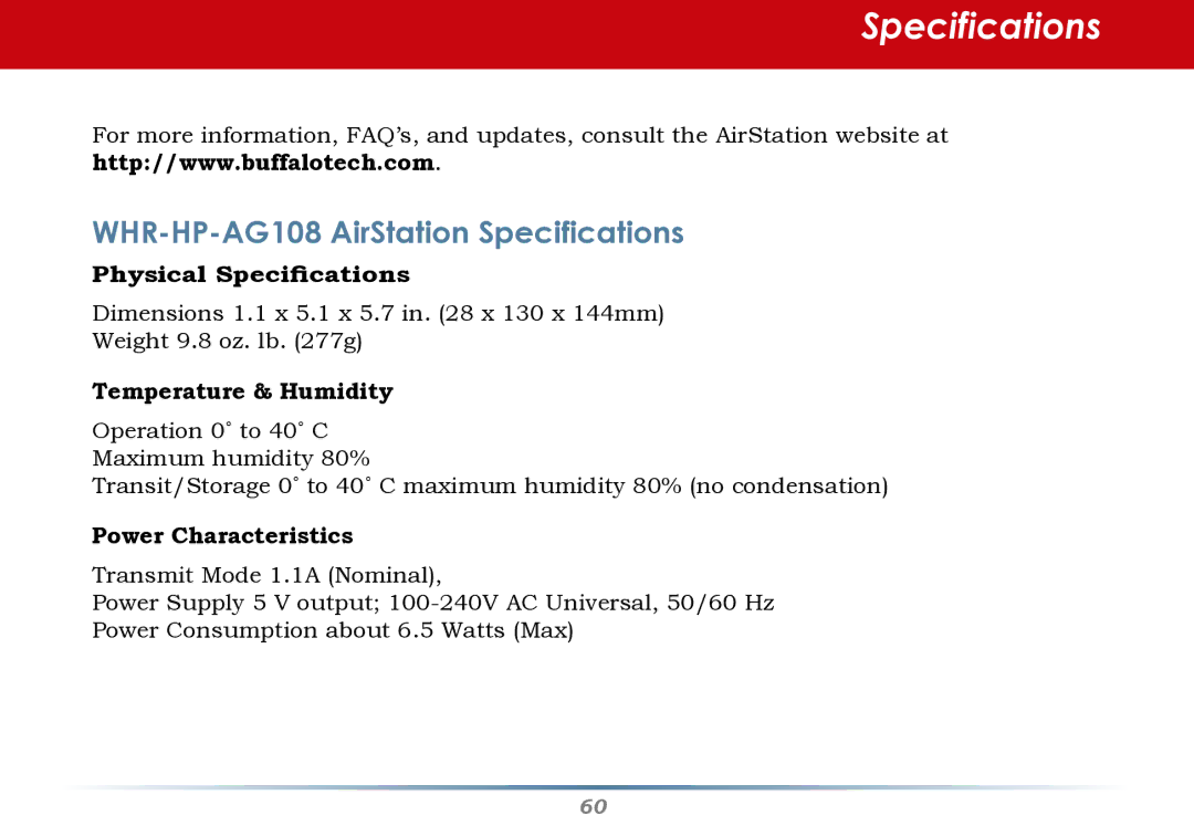 HP WHR--AG108 manual WHR-HP-AG108 AirStation Specifications 