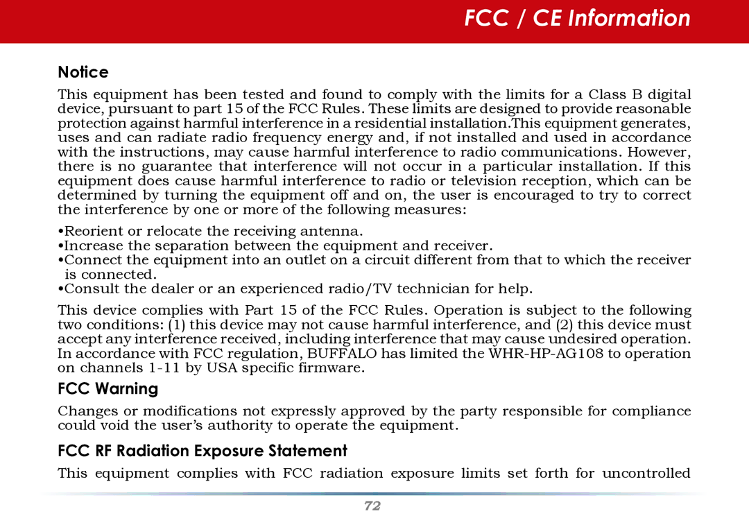 HP WHR--AG108 manual FCC / CE Information, FCC Warning 