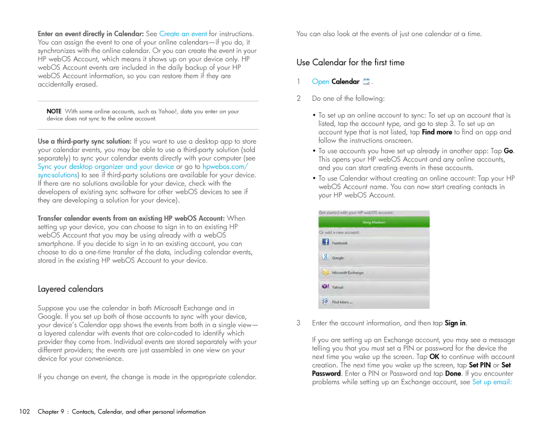 HP Wi-Fi manual Layered calendars, Use Calendar for the first time 