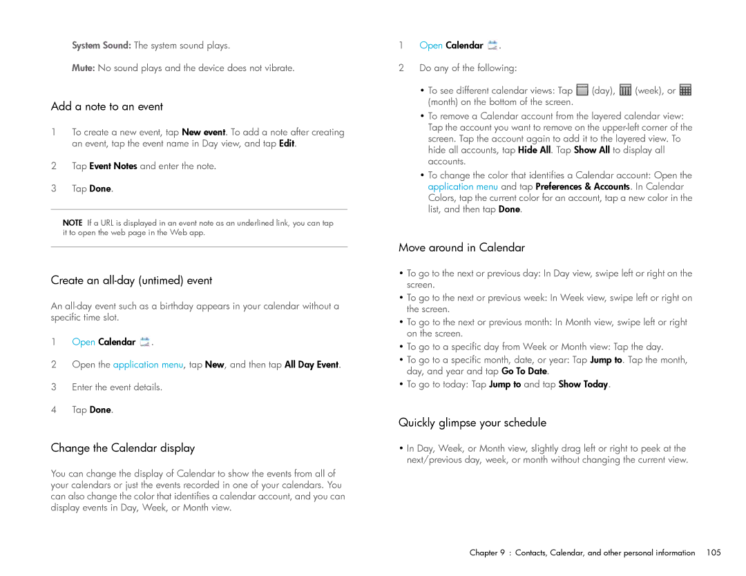 HP Wi-Fi Add a note to an event, Create an all-day untimed event, Change the Calendar display, Move around in Calendar 