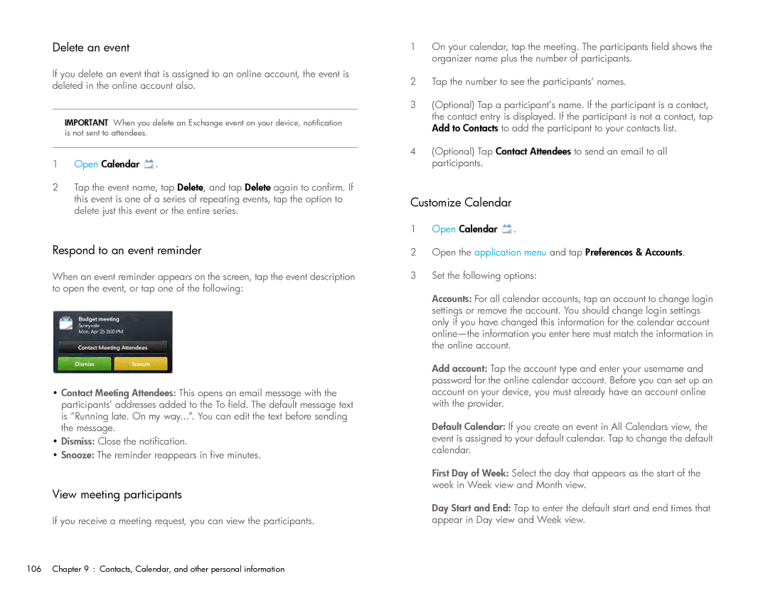 HP Wi-Fi manual Delete an event, Respond to an event reminder, View meeting participants, Customize Calendar 