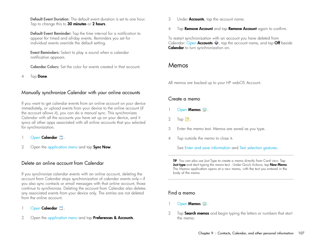 HP Wi-Fi manual Memos, Manually synchronize Calendar with your online accounts, Delete an online account from Calendar 