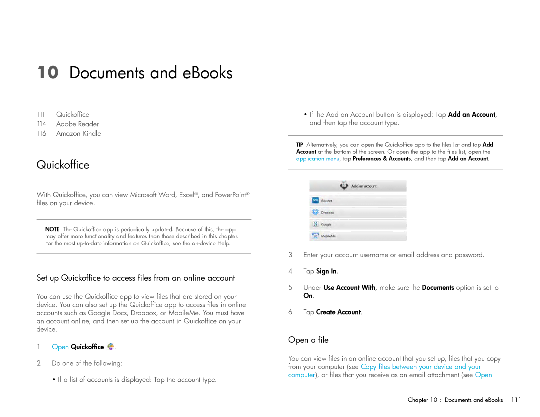 HP Wi-Fi manual Documents and eBooks, Set up Quickoffice to access files from an online account, Open a file 