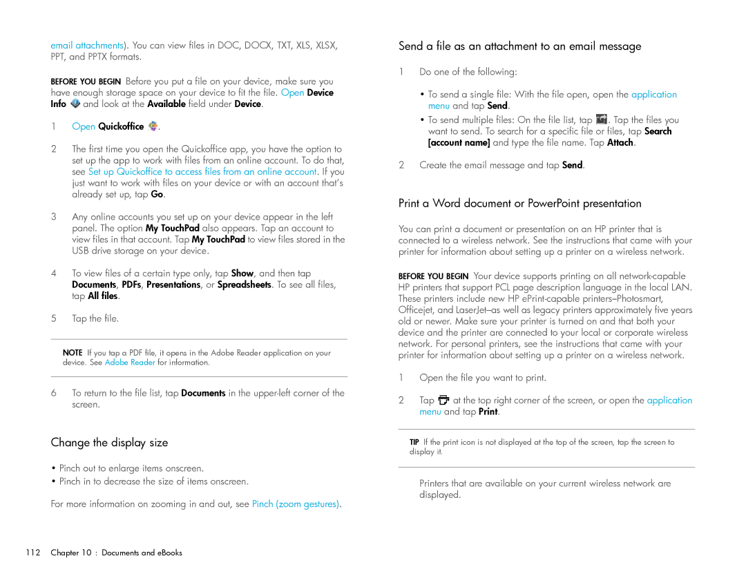 HP Wi-Fi manual Change the display size, Send a file as an attachment to an email message 