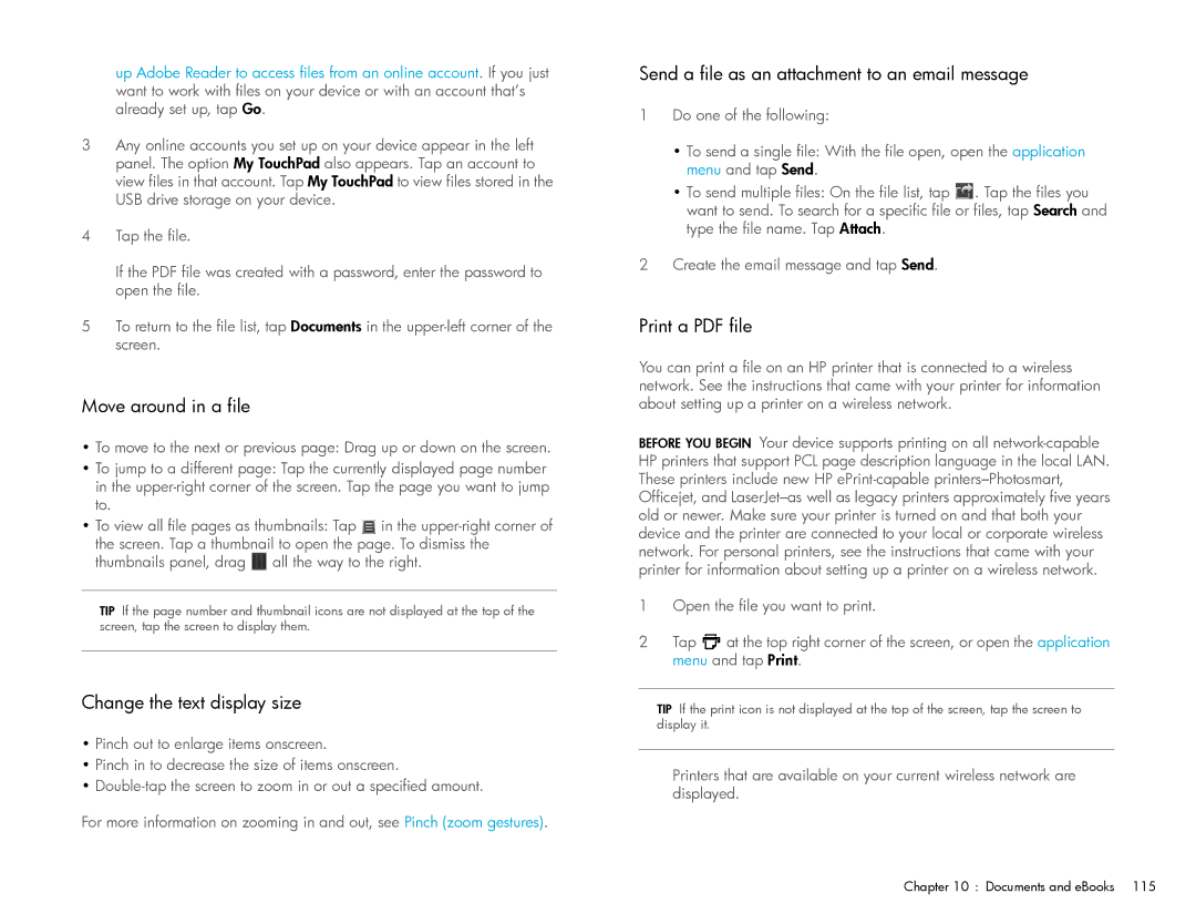 HP Wi-Fi manual Move around in a file, Change the text display size 