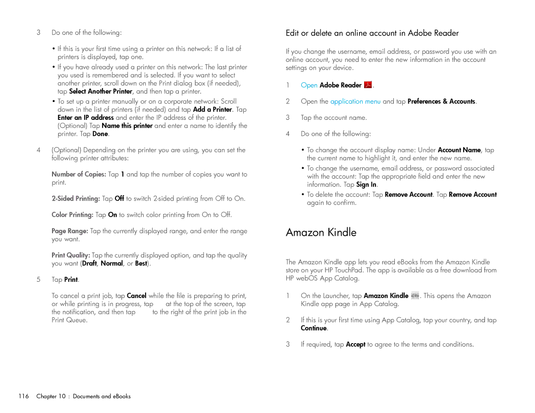 HP Wi-Fi manual Amazon Kindle, Edit or delete an online account in Adobe Reader 