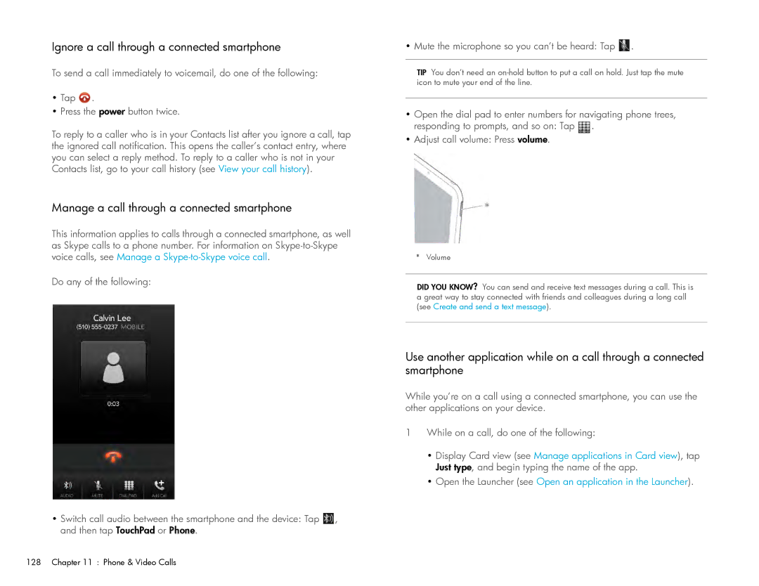 HP Wi-Fi manual Ignore a call through a connected smartphone, Manage a call through a connected smartphone 