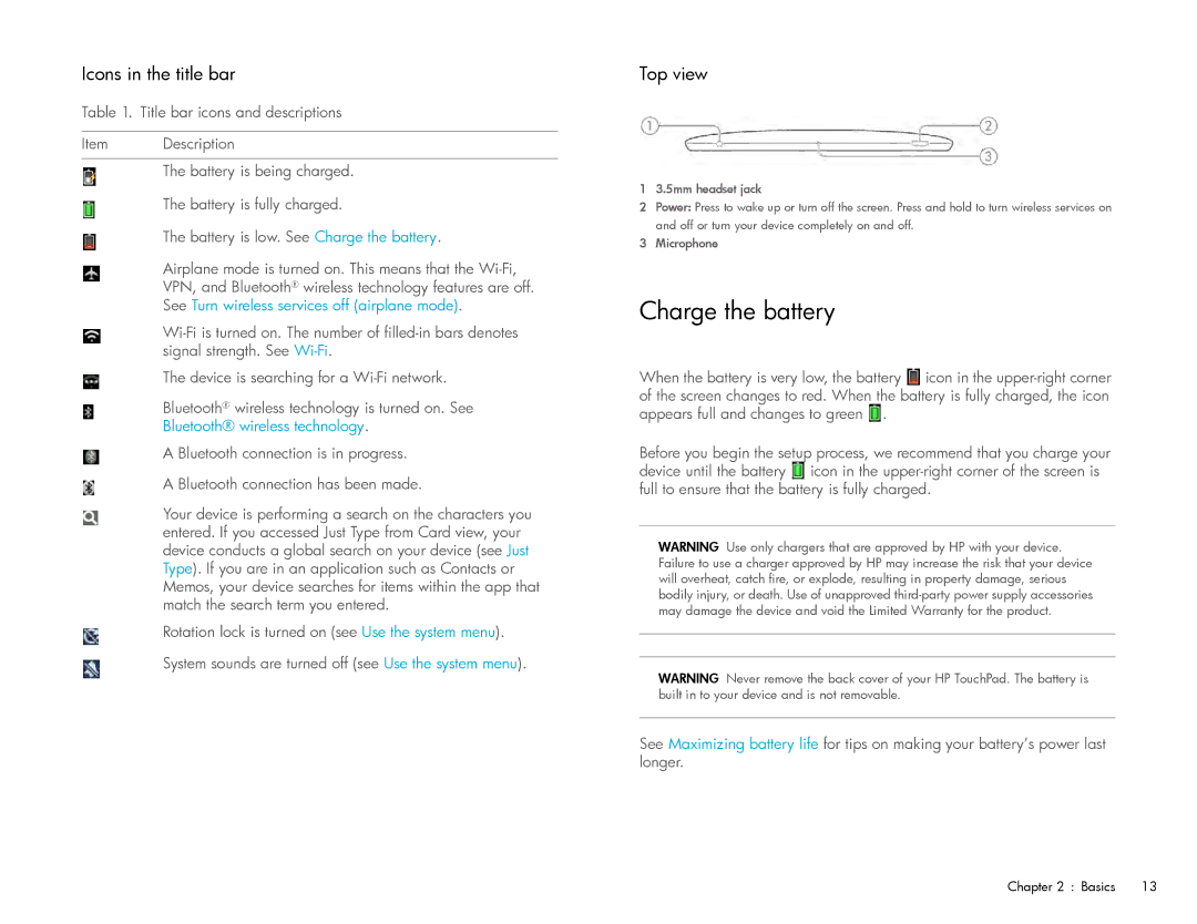 HP Wi-Fi manual Charge the battery, Icons in the title bar, Top view 