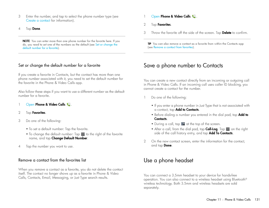 HP Wi-Fi manual Save a phone number to Contacts, Use a phone headset, Set or change the default number for a favorite 