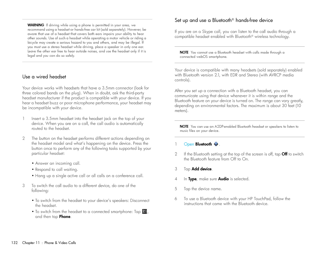 HP Wi-Fi manual Use a wired headset, Set up and use a Bluetooth hands-free device 