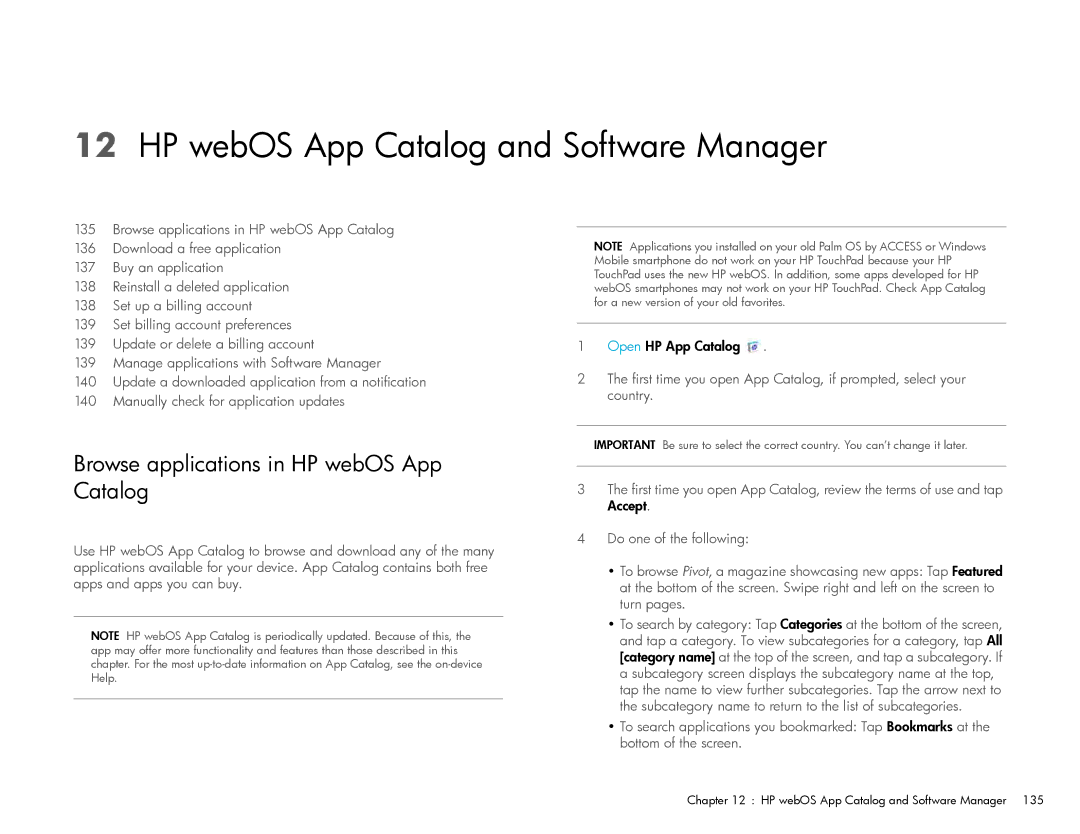 HP Wi-Fi manual HP webOS App Catalog and Software Manager, Browse applications in HP webOS App Catalog 