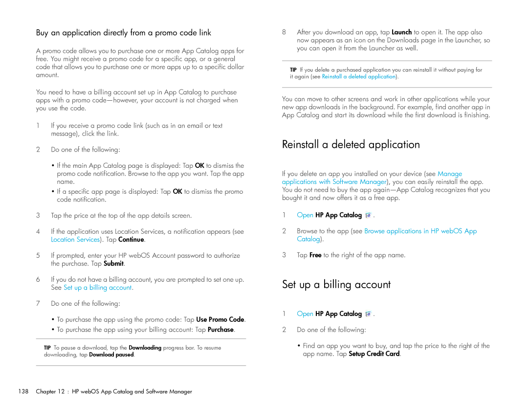 HP Wi-Fi Reinstall a deleted application, Set up a billing account, Buy an application directly from a promo code link 