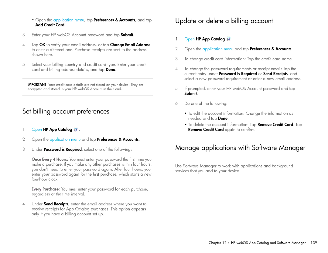 HP Wi-Fi Set billing account preferences, Update or delete a billing account, Manage applications with Software Manager 