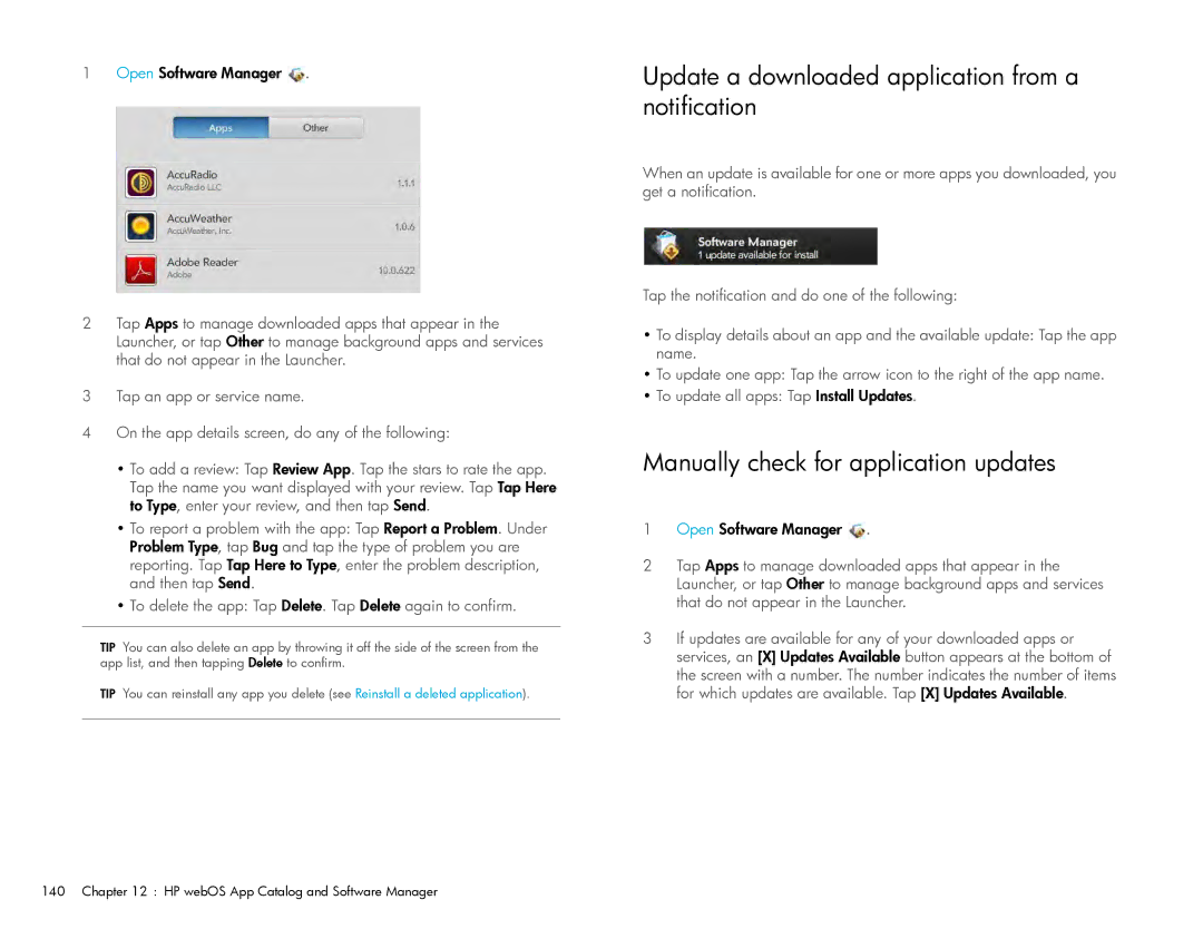 HP Wi-Fi manual Update a downloaded application from a notification, Manually check for application updates 