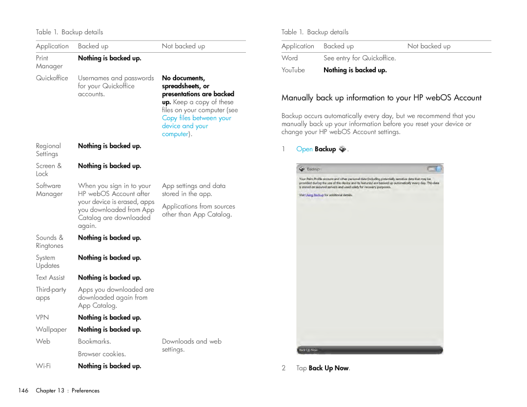 HP Wi-Fi manual Manually back up information to your HP webOS Account 