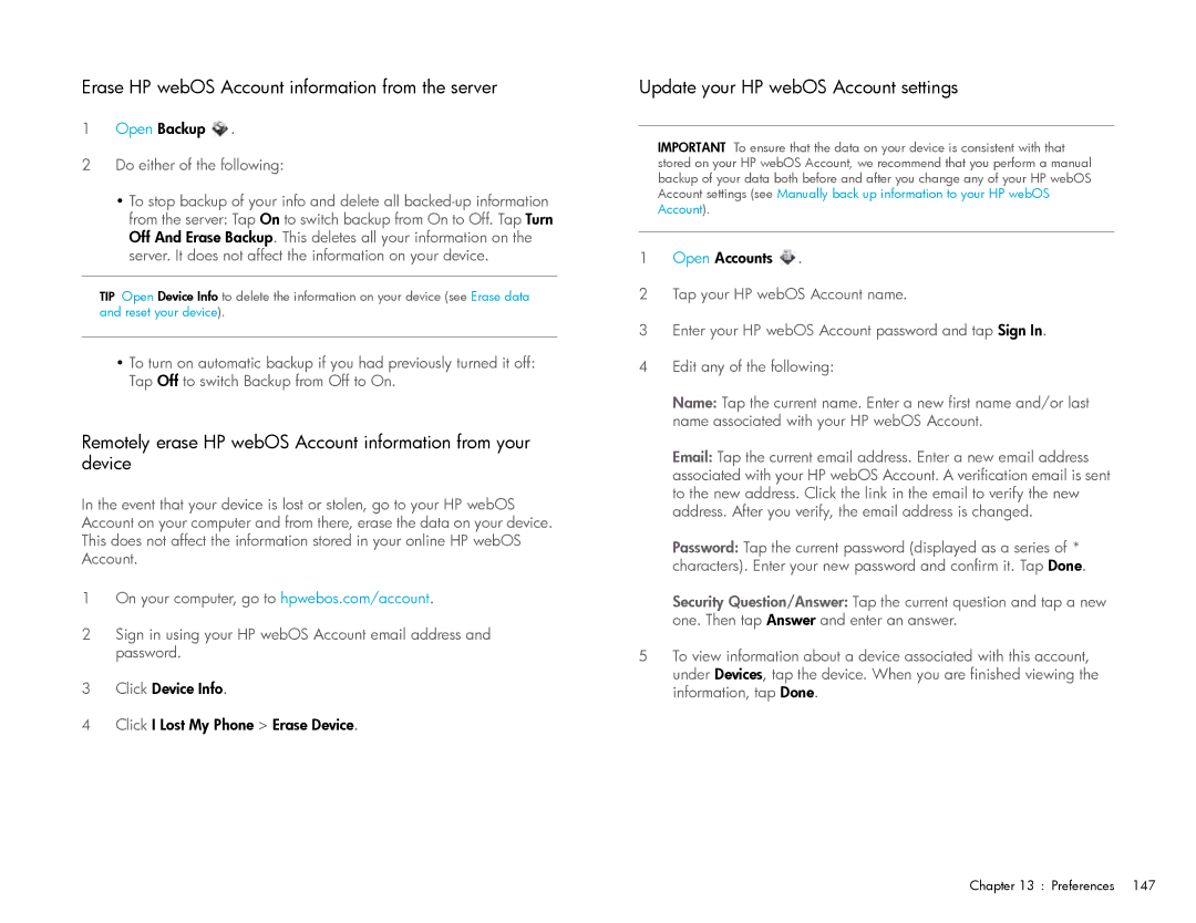 HP Wi-Fi manual Erase HP webOS Account information from the server, Update your HP webOS Account settings 