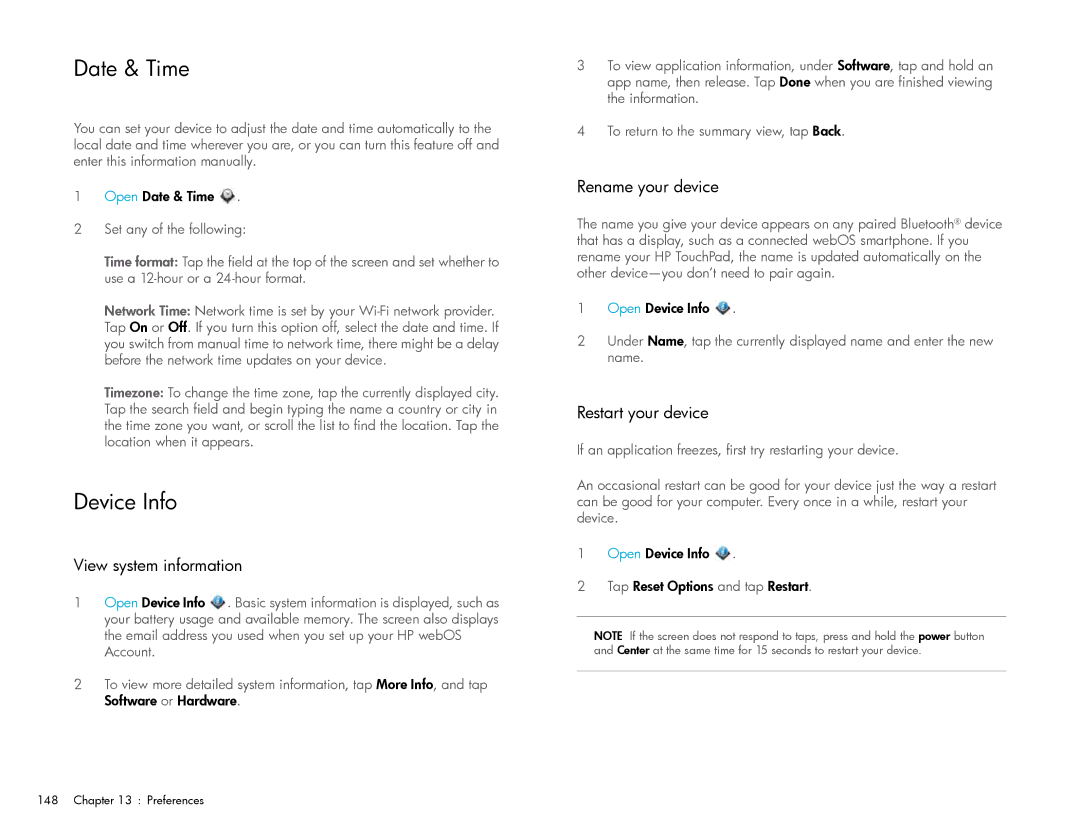 HP Wi-Fi manual Date & Time, Device Info, View system information, Rename your device, Restart your device 