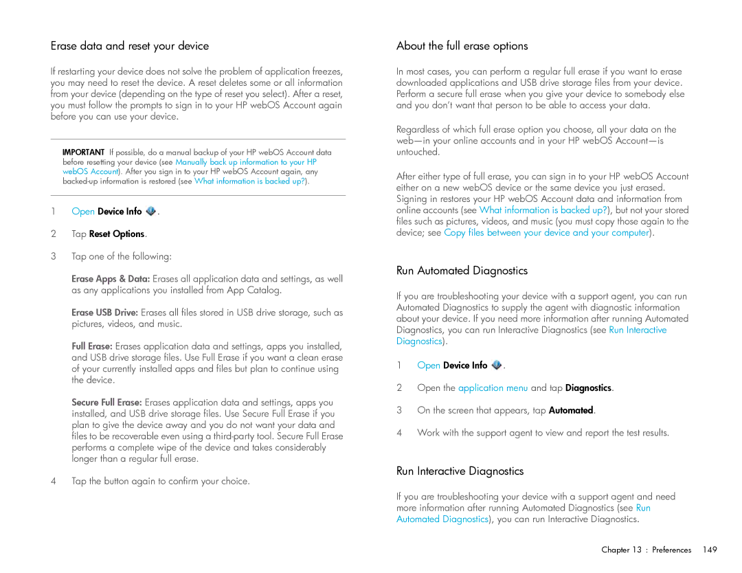 HP Wi-Fi manual Erase data and reset your device, About the full erase options, Run Automated Diagnostics 
