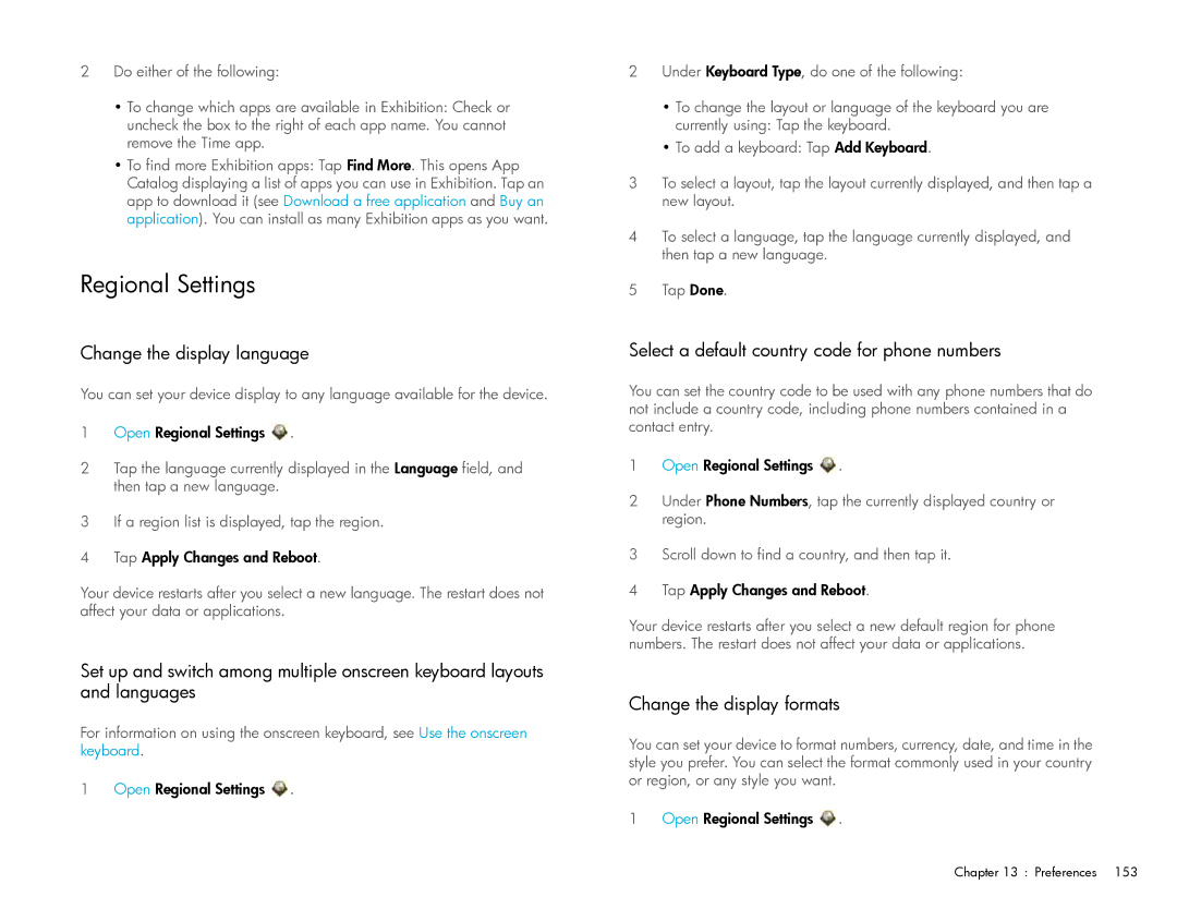 HP Wi-Fi manual Regional Settings, Change the display language, Select a default country code for phone numbers 