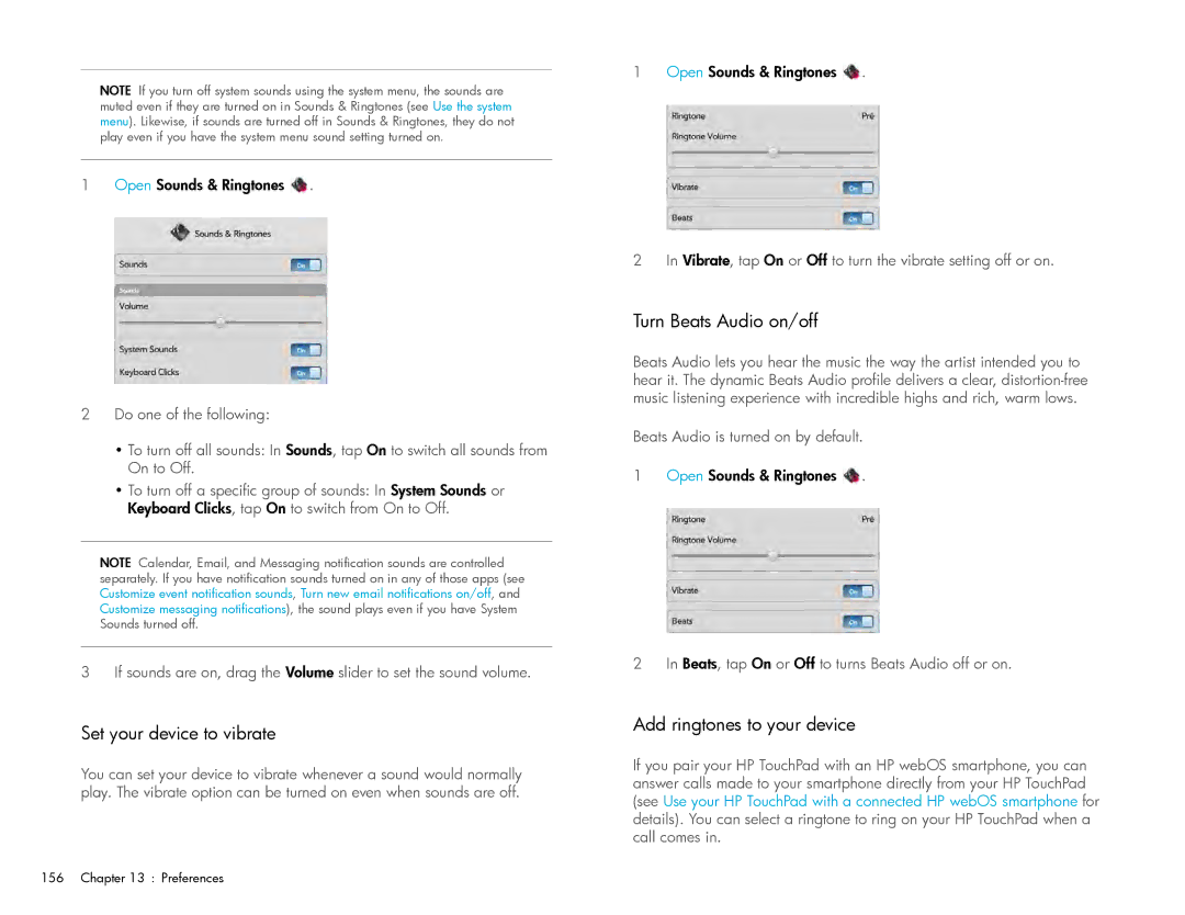HP Wi-Fi manual Set your device to vibrate, Turn Beats Audio on/off, Add ringtones to your device 