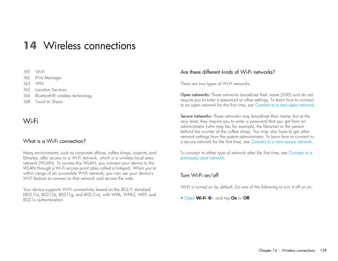 HP Wireless connections, What is a Wi-Fi connection?, Are there different kinds of Wi-Fi networks?, Turn Wi-Fi on/off 