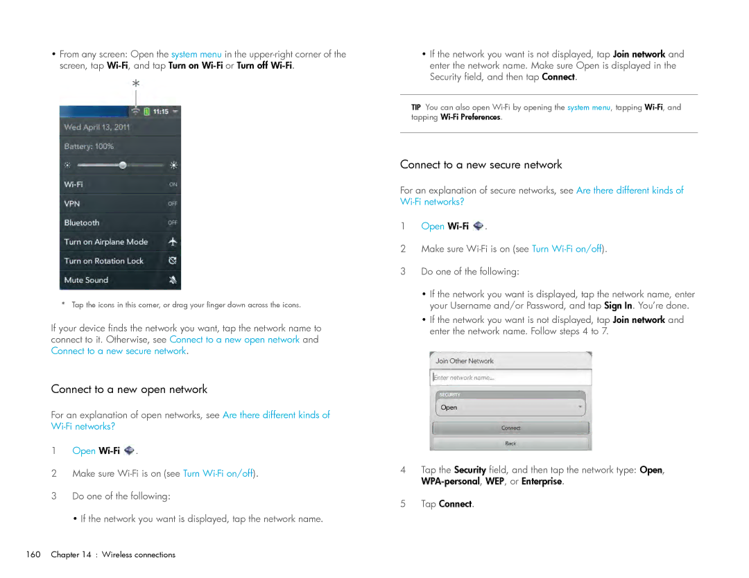 HP Wi-Fi manual Connect to a new open network, Connect to a new secure network 