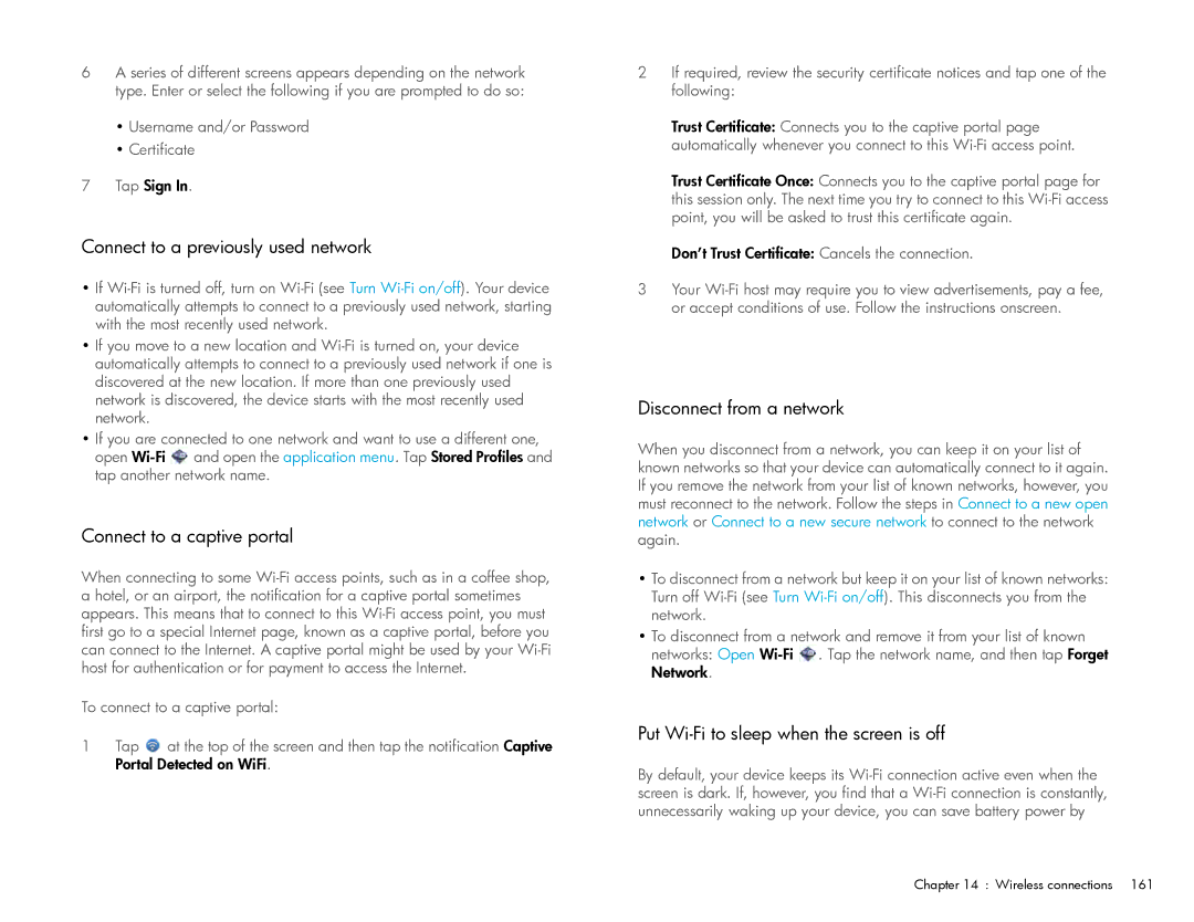 HP Wi-Fi manual Connect to a previously used network, Connect to a captive portal, Disconnect from a network 