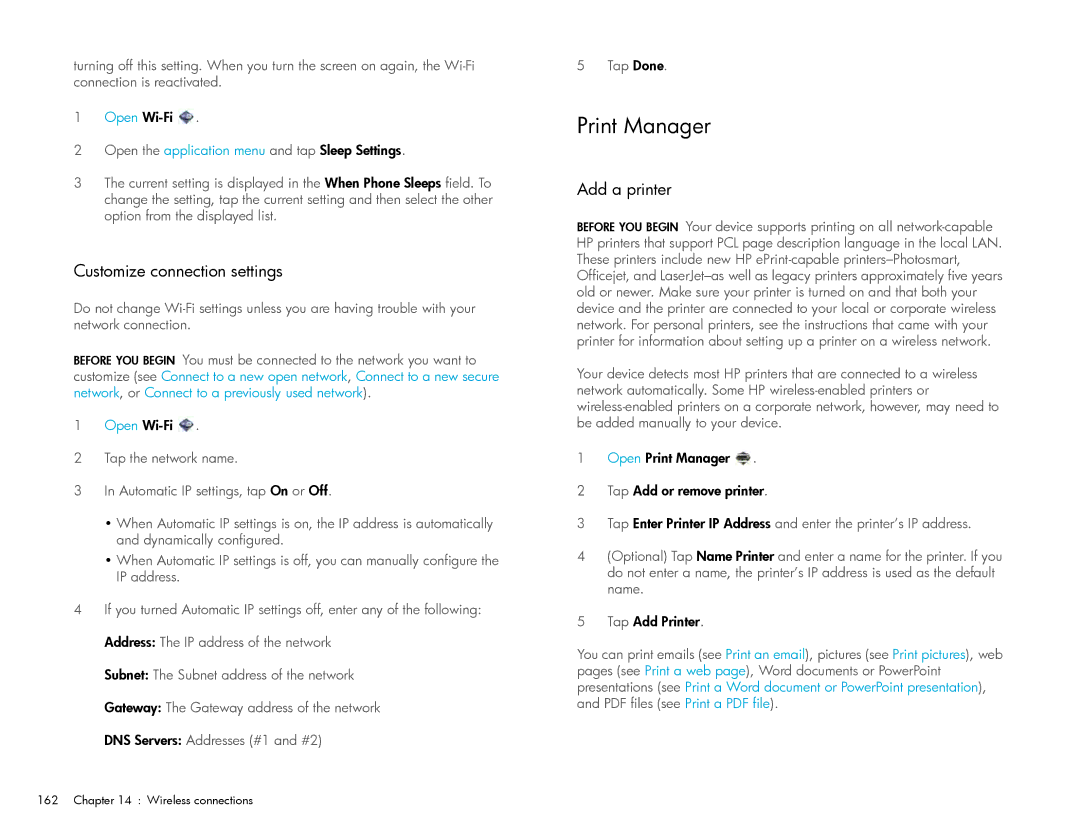 HP Wi-Fi manual Print Manager, Customize connection settings, Add a printer 