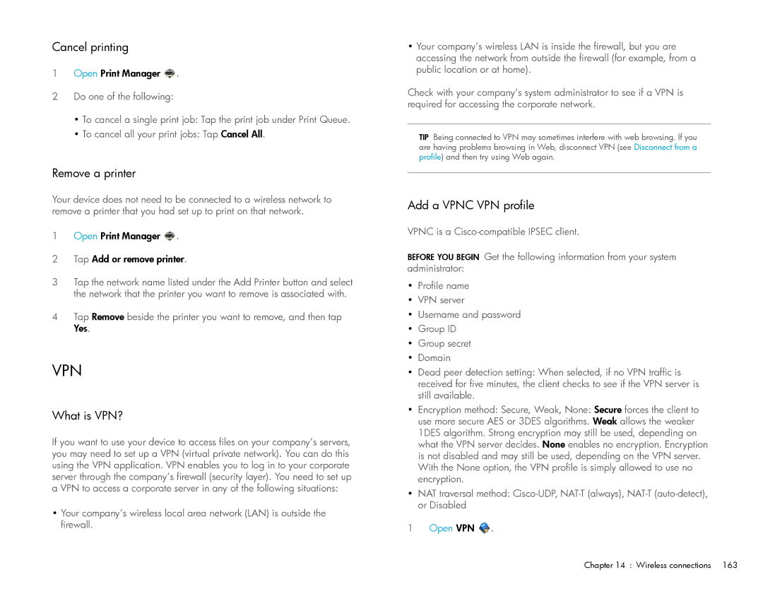 HP Wi-Fi manual Cancel printing, Remove a printer, What is VPN?, Add a Vpnc VPN profile 