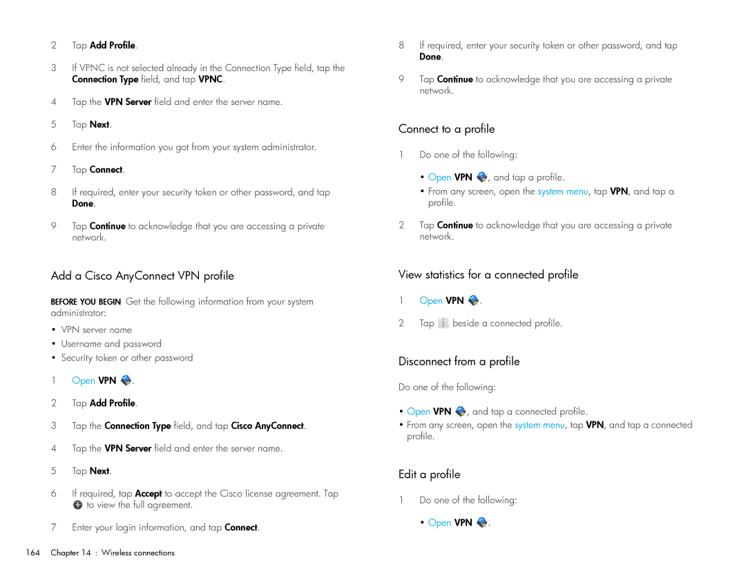 HP Wi-Fi Add a Cisco AnyConnect VPN profile, Connect to a profile, View statistics for a connected profile, Edit a profile 