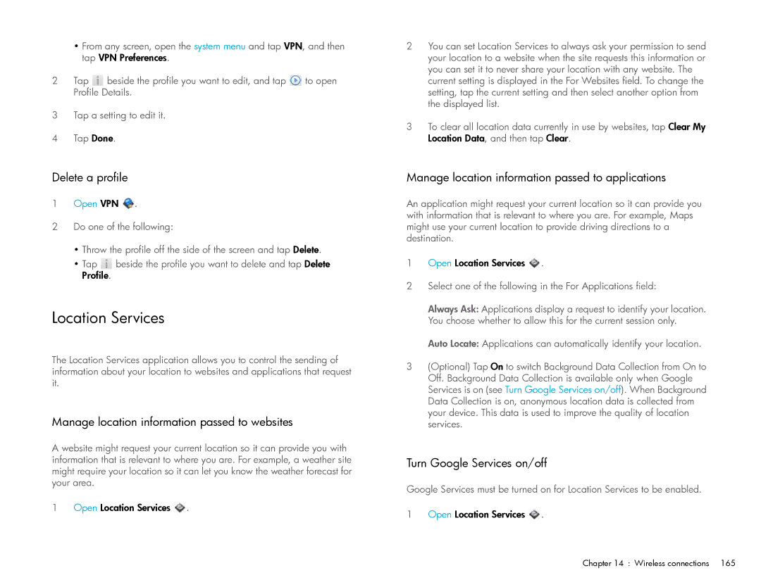 HP Wi-Fi Location Services, Delete a profile, Manage location information passed to websites, Turn Google Services on/off 