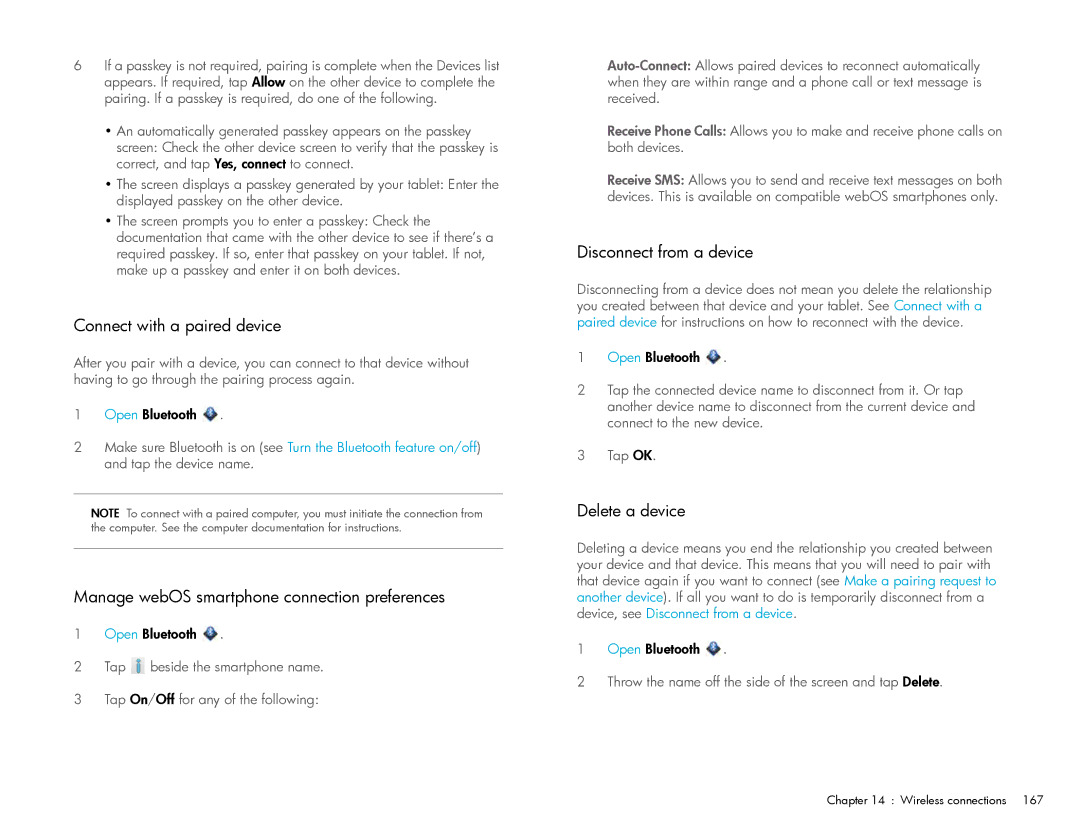 HP Wi-Fi manual Connect with a paired device, Manage webOS smartphone connection preferences, Disconnect from a device 