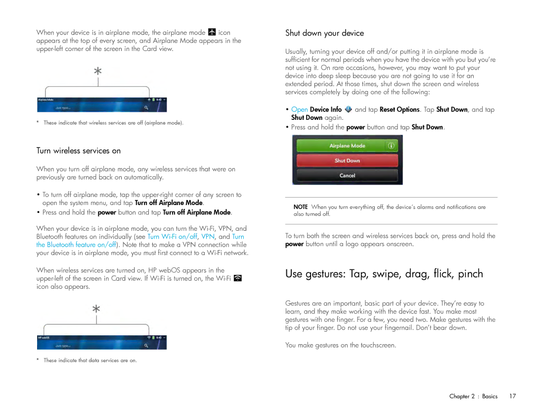HP Wi-Fi manual Use gestures Tap, swipe, drag, flick, pinch, Turn wireless services on, Shut down your device 