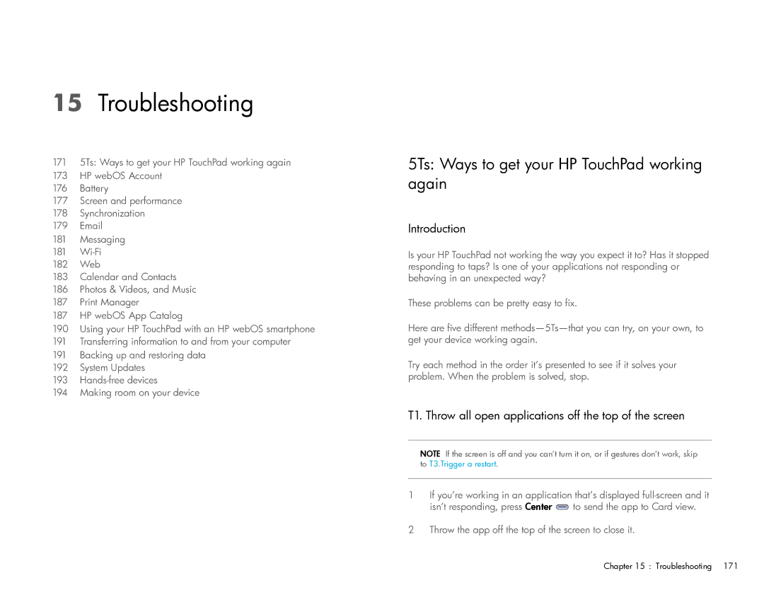 HP Wi-Fi manual Troubleshooting, 5Ts Ways to get your HP TouchPad working again, Introduction 