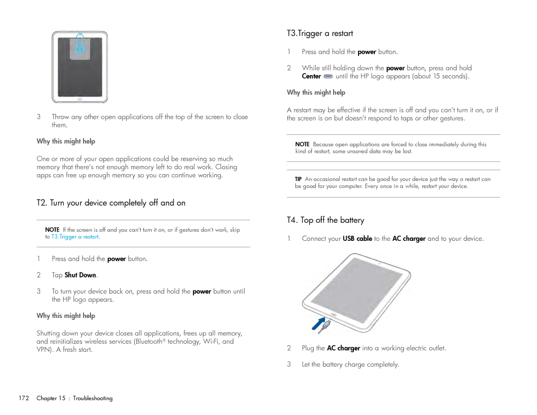 HP Wi-Fi manual T2. Turn your device completely off and on, T3.Trigger a restart, T4. Top off the battery 