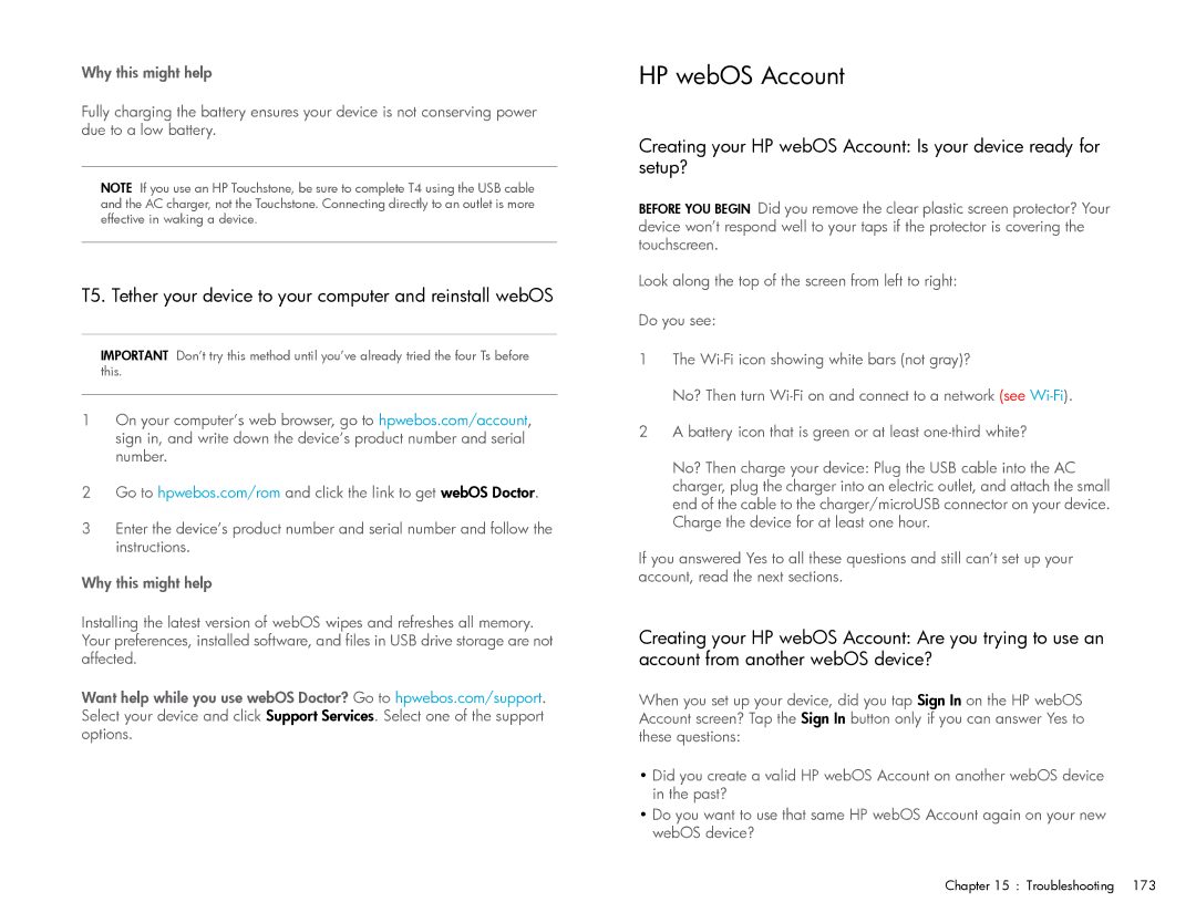 HP Wi-Fi manual HP webOS Account, T5. Tether your device to your computer and reinstall webOS 