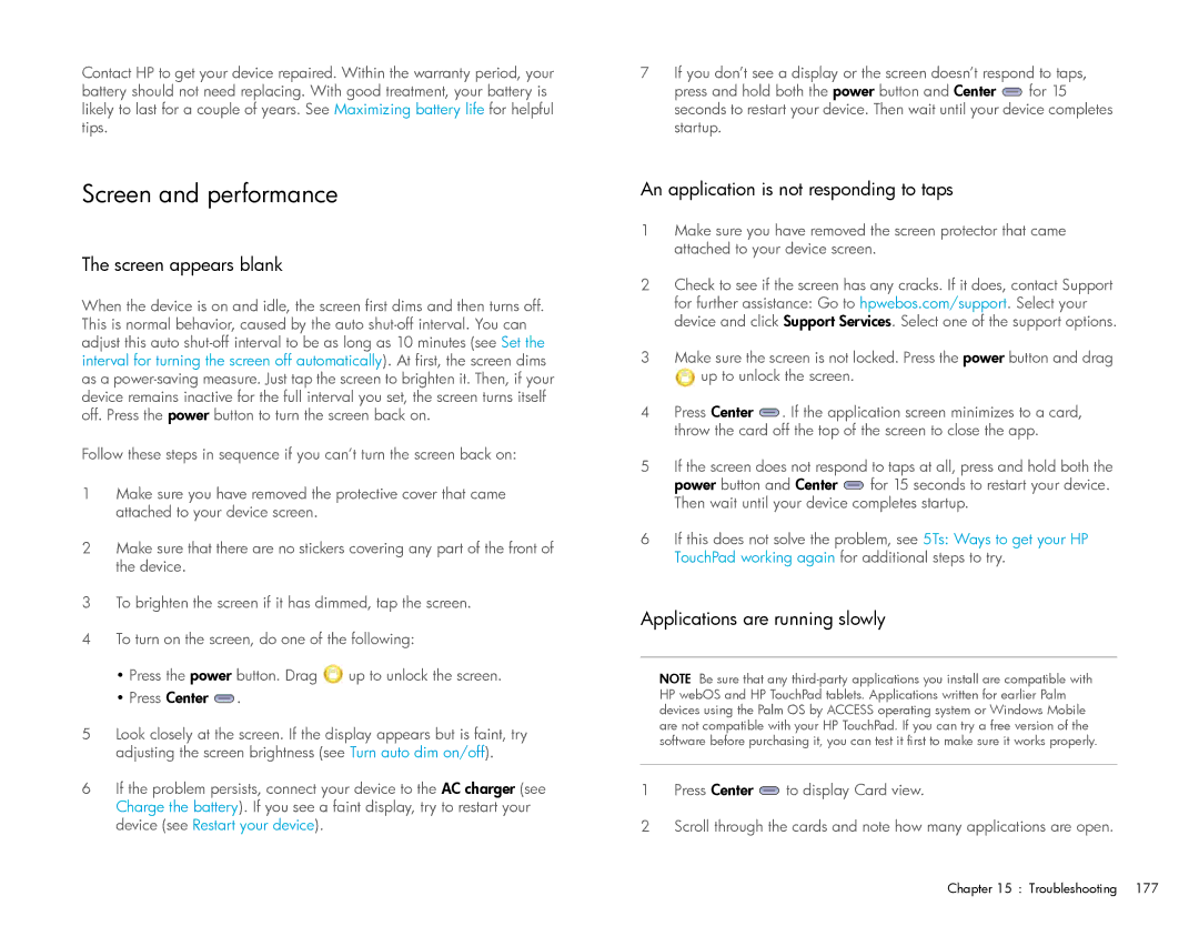 HP Wi-Fi manual Screen and performance, Screen appears blank, An application is not responding to taps 