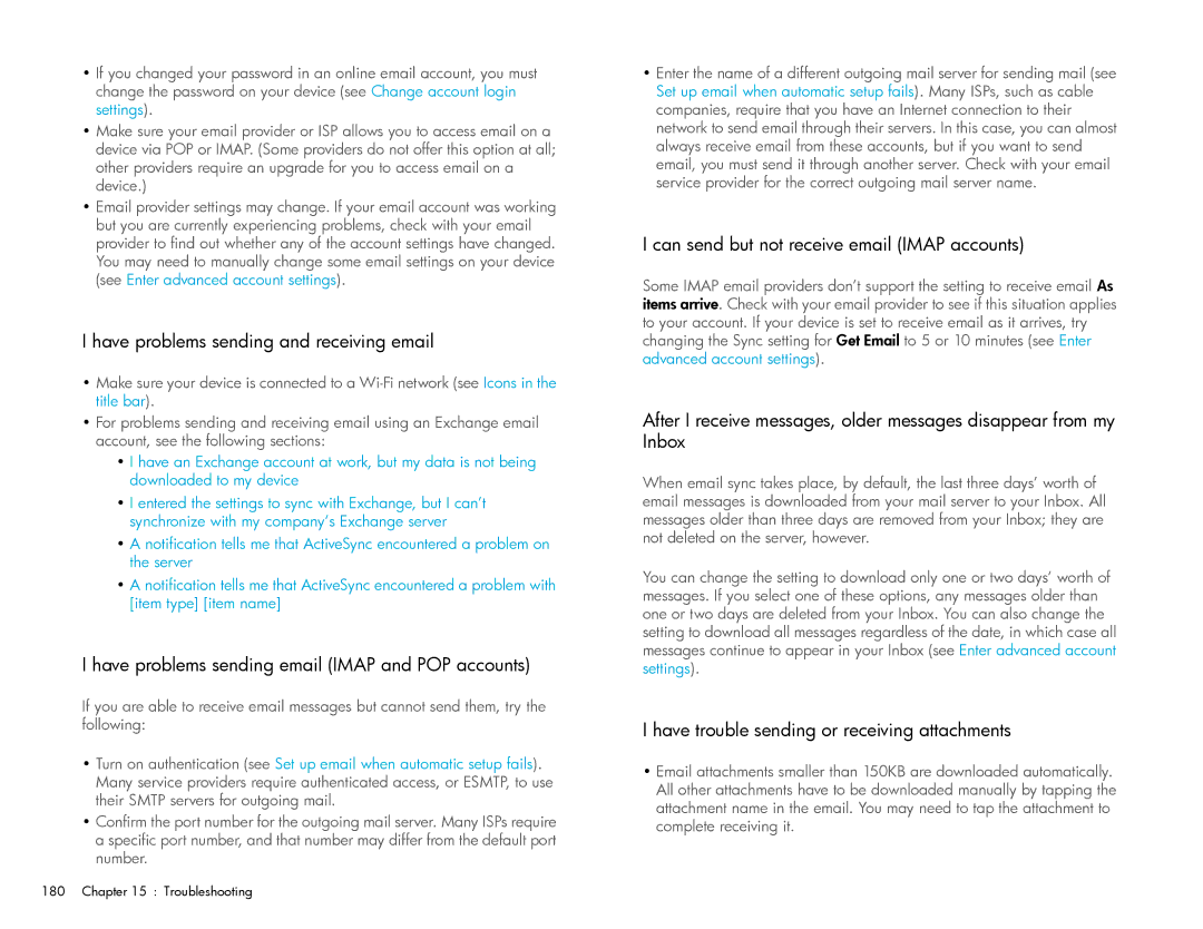 HP Wi-Fi manual Have problems sending and receiving email, Have problems sending email Imap and POP accounts 