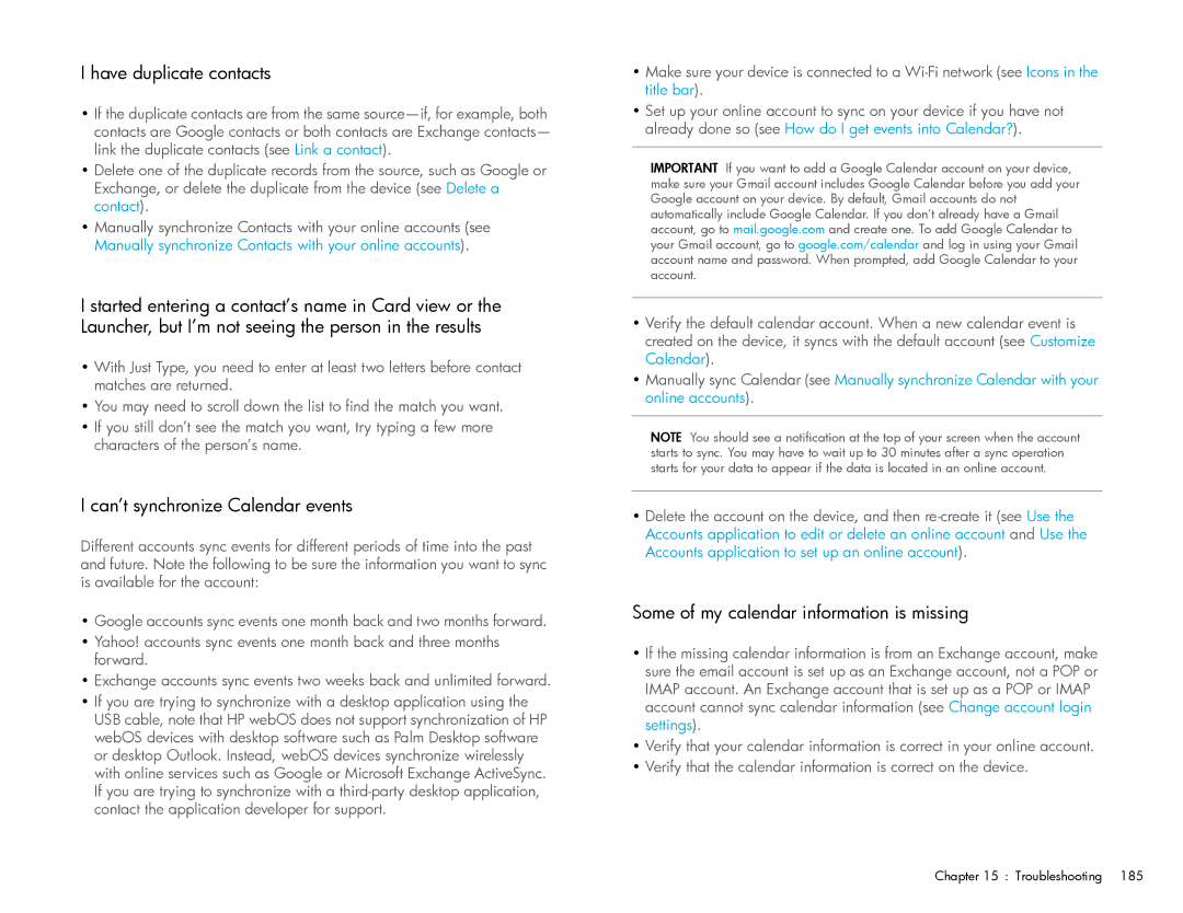 HP Wi-Fi manual Have duplicate contacts, Can’t synchronize Calendar events, Some of my calendar information is missing 