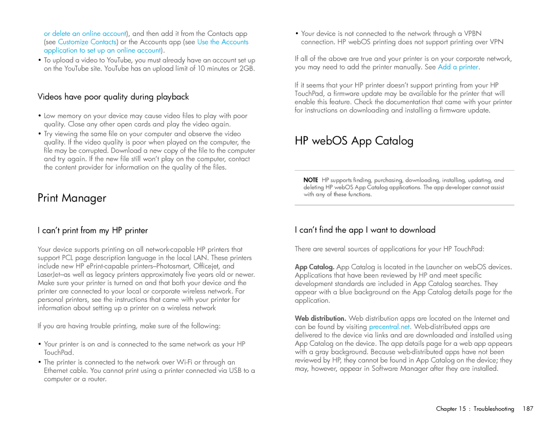 HP Wi-Fi manual HP webOS App Catalog, Videos have poor quality during playback, Can’t print from my HP printer 