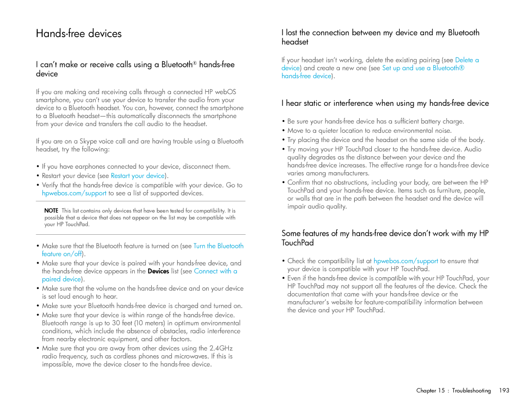 HP Wi-Fi manual Hands-free devices, Hear static or interference when using my hands-free device 
