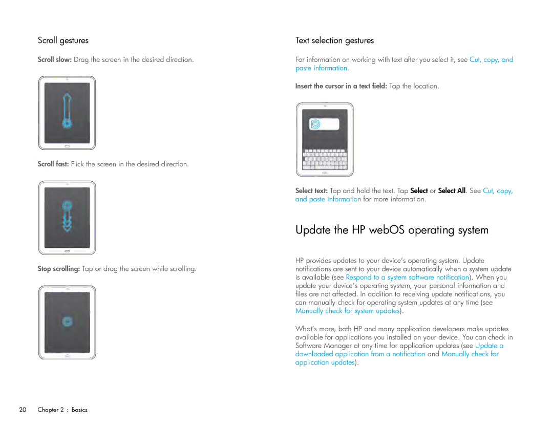 HP Wi-Fi manual Update the HP webOS operating system, Scroll gestures, Text selection gestures 