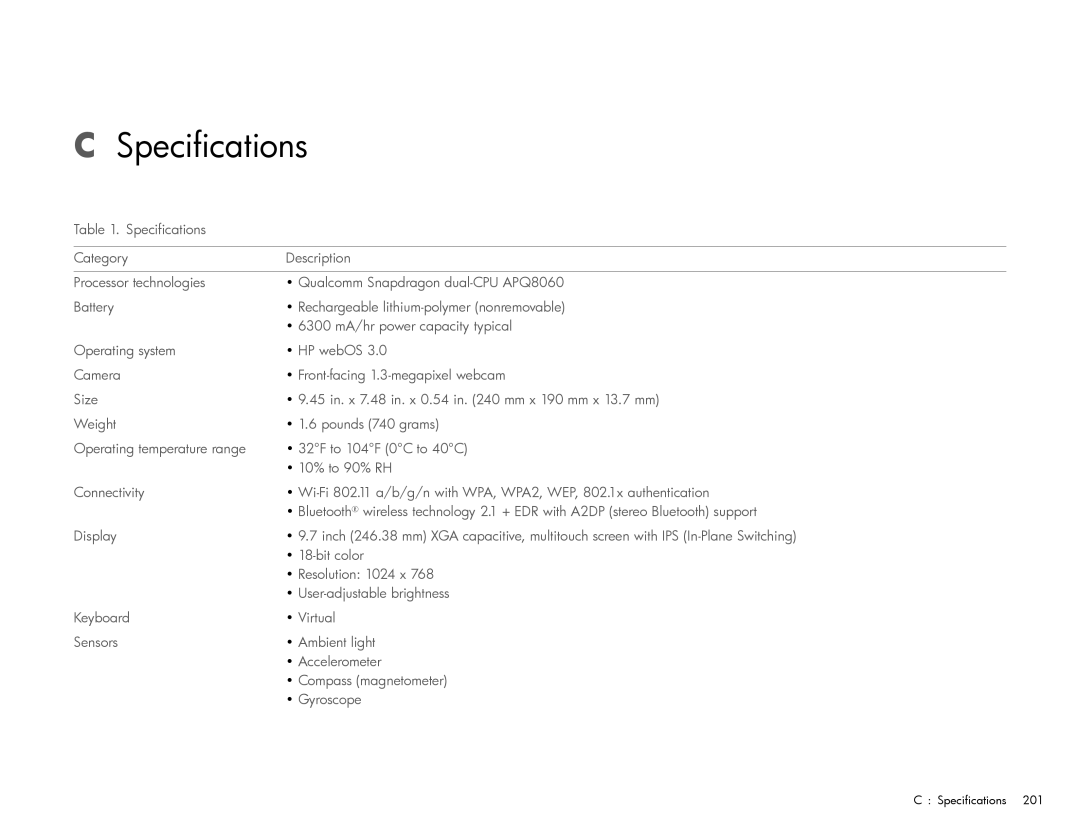 HP Wi-Fi manual Specifications 