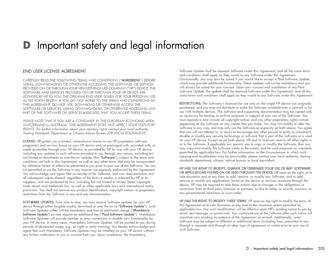 HP Wi-Fi manual Important safety and legal information, END User License Agreement 