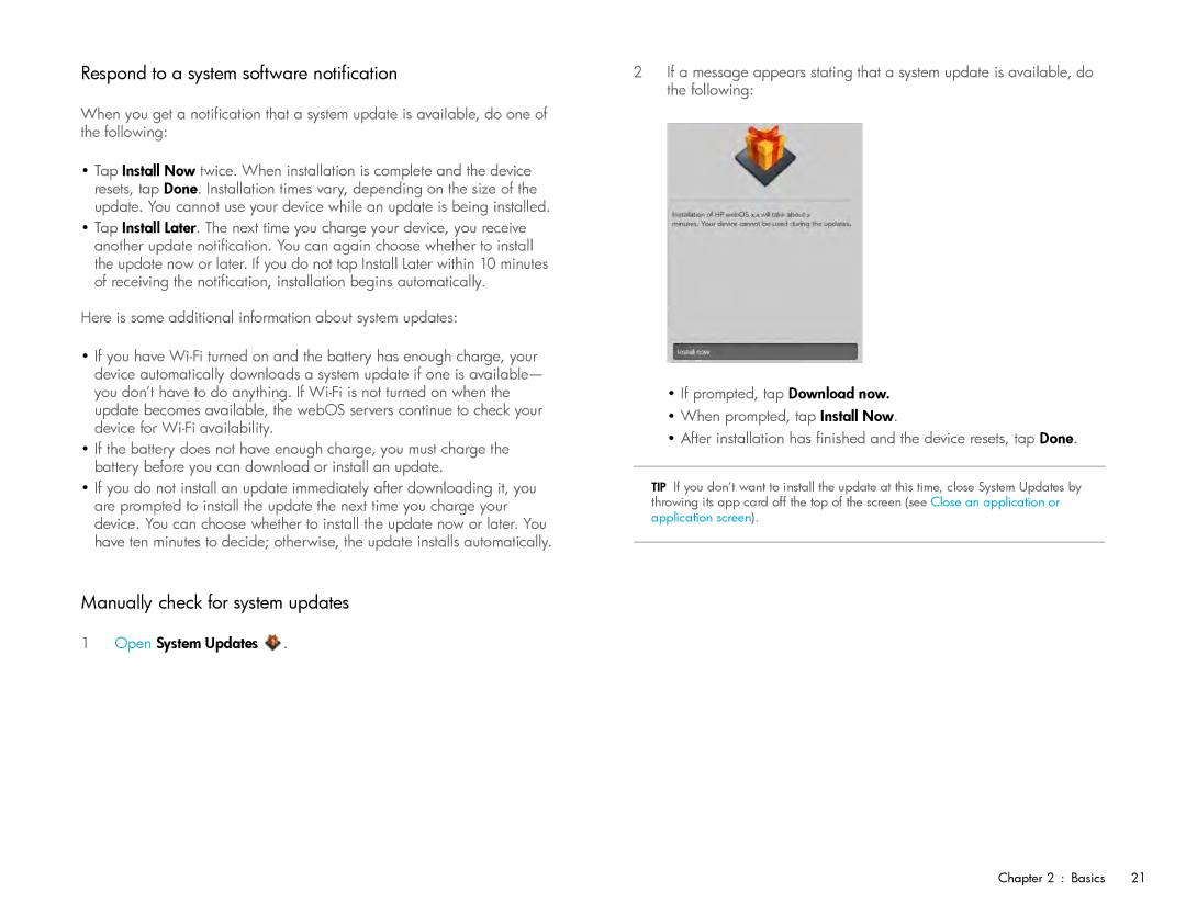 HP Wi-Fi manual Respond to a system software notification, Manually check for system updates 