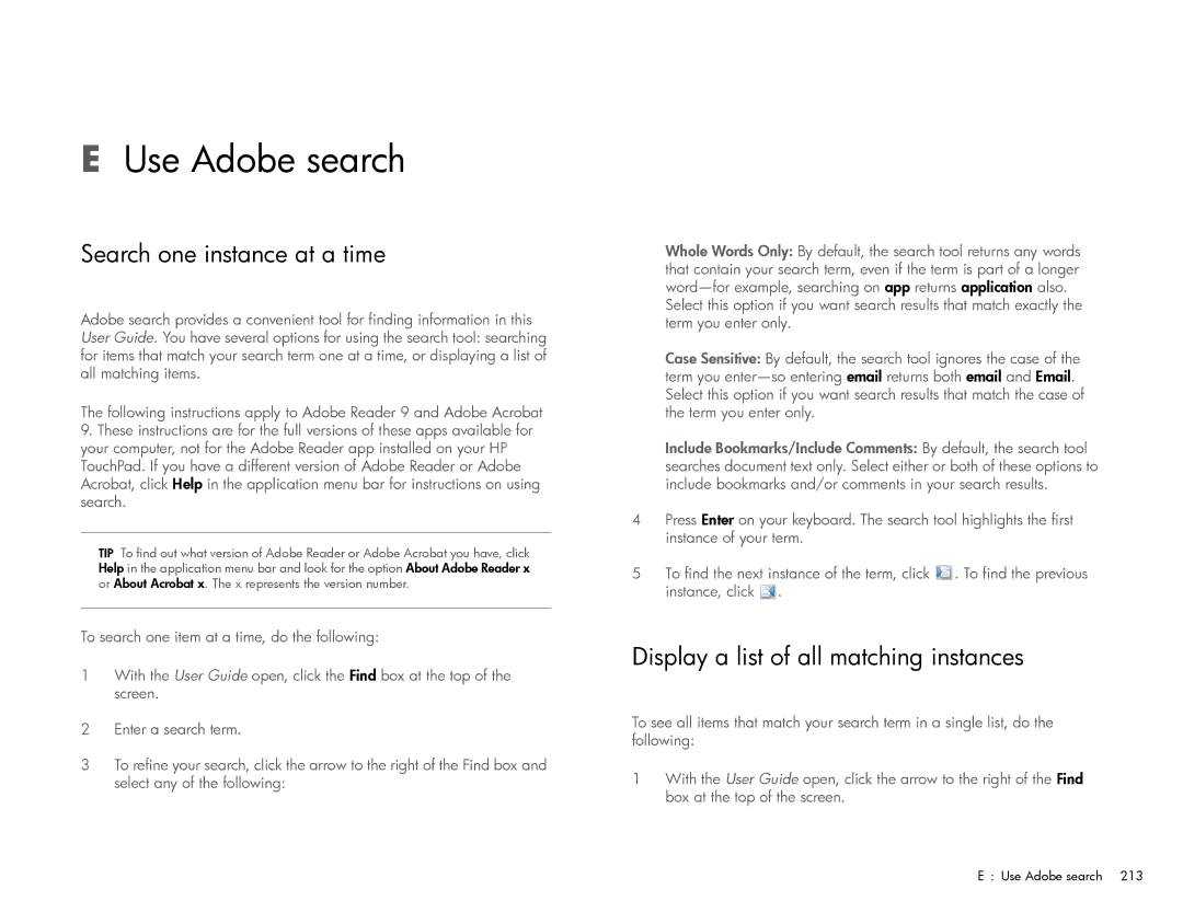 HP Wi-Fi manual Use Adobe search, Search one instance at a time, Display a list of all matching instances 