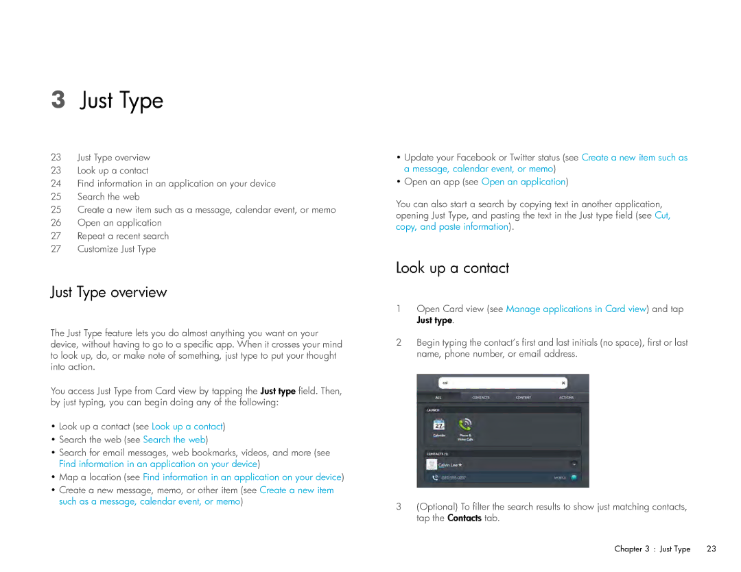 HP Wi-Fi manual Just Type overview, Look up a contact 