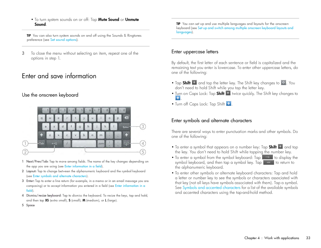 HP Wi-Fi manual Enter and save information, Use the onscreen keyboard, Enter uppercase letters 